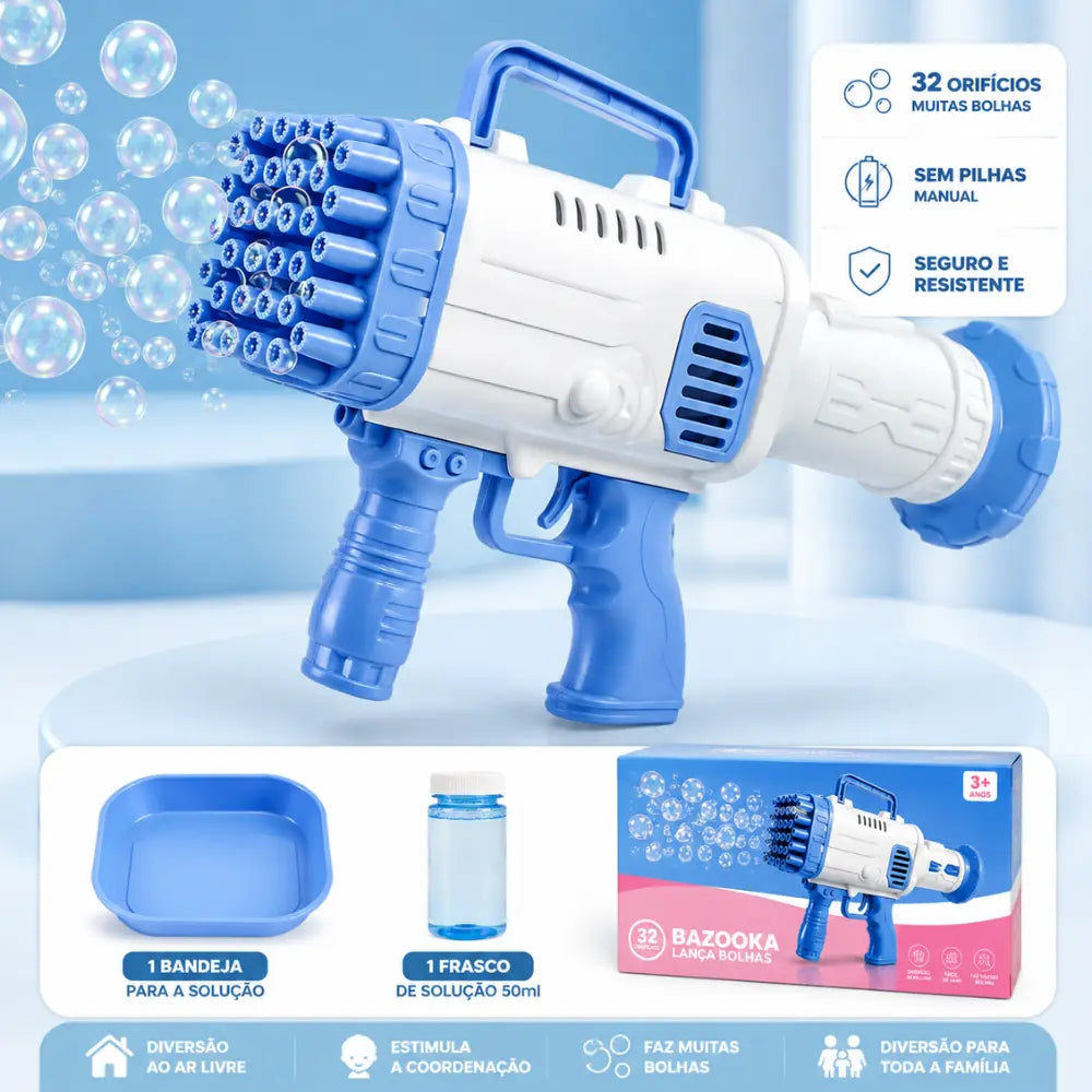 Kit bazuca de bolhas infantil azul com recipiente e solução para bolhas