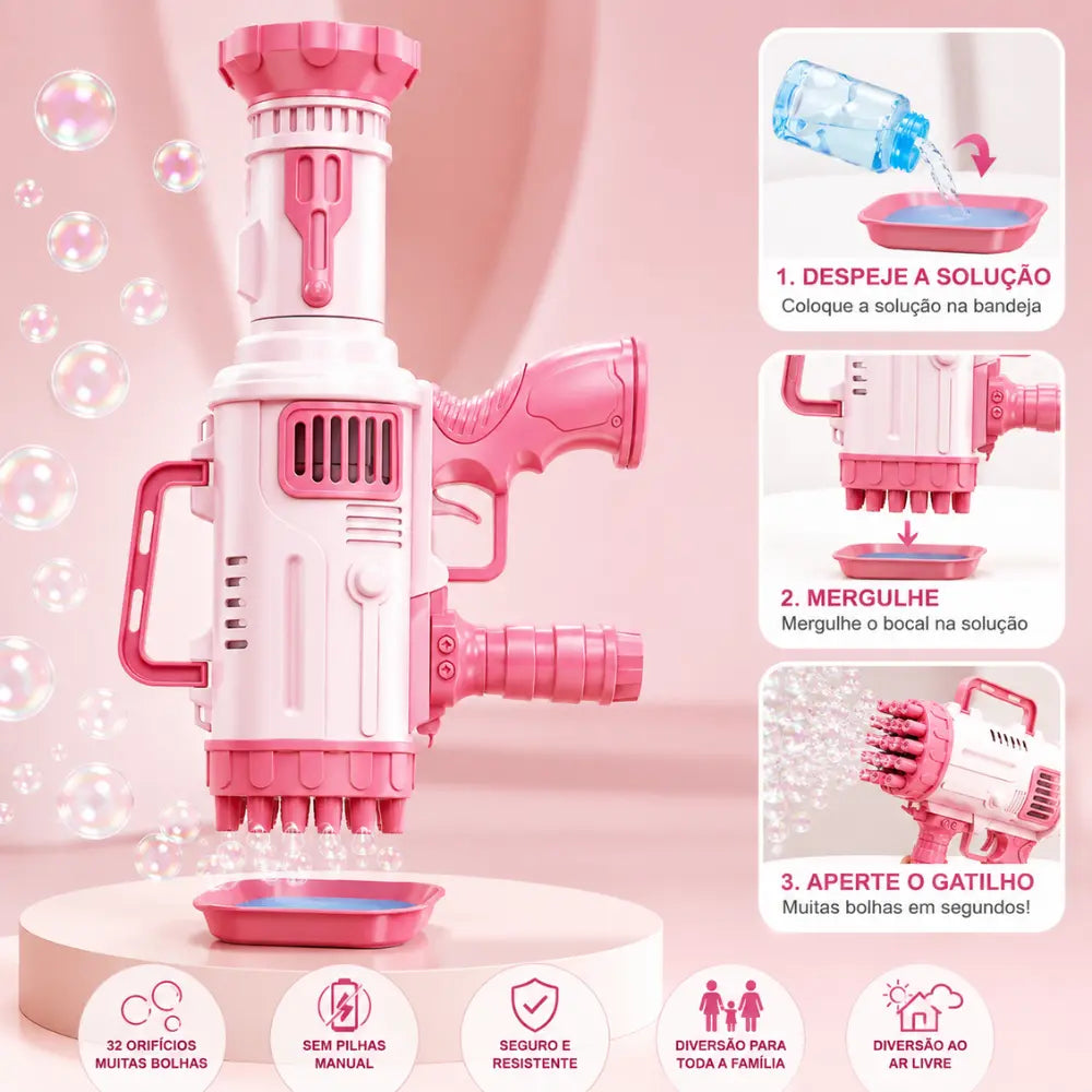 Bazuca de bolhas infantil rosa mostrando recipiente e solução para fazer bolhas
