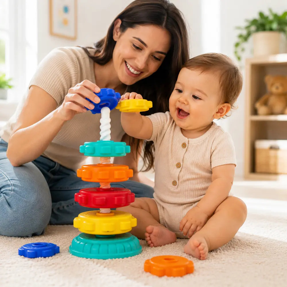 Bebê brincando com torre giratória de empilhar junto com a mãe