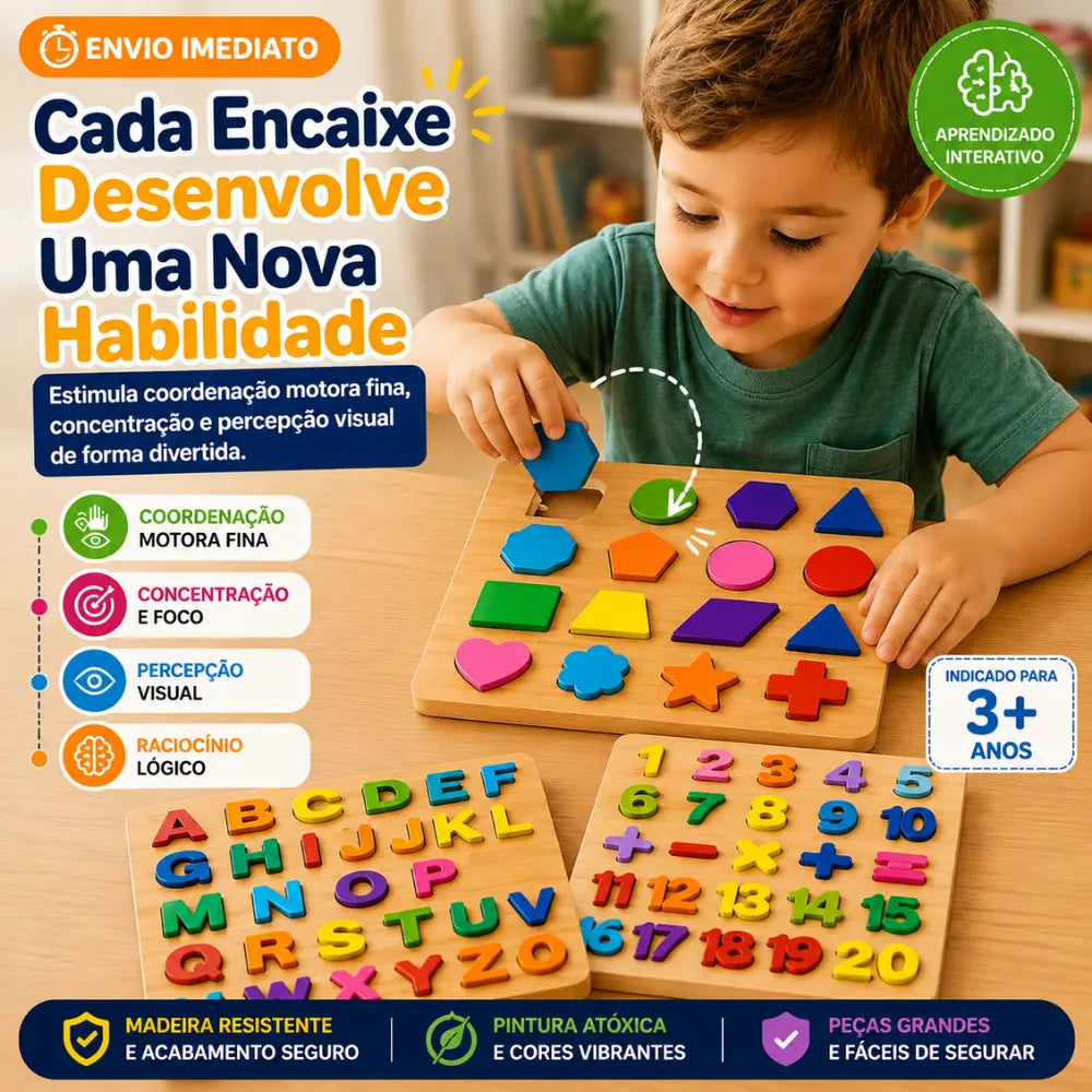 Criança encaixando formas em brinquedo educativo para coordenação motora e concentração
