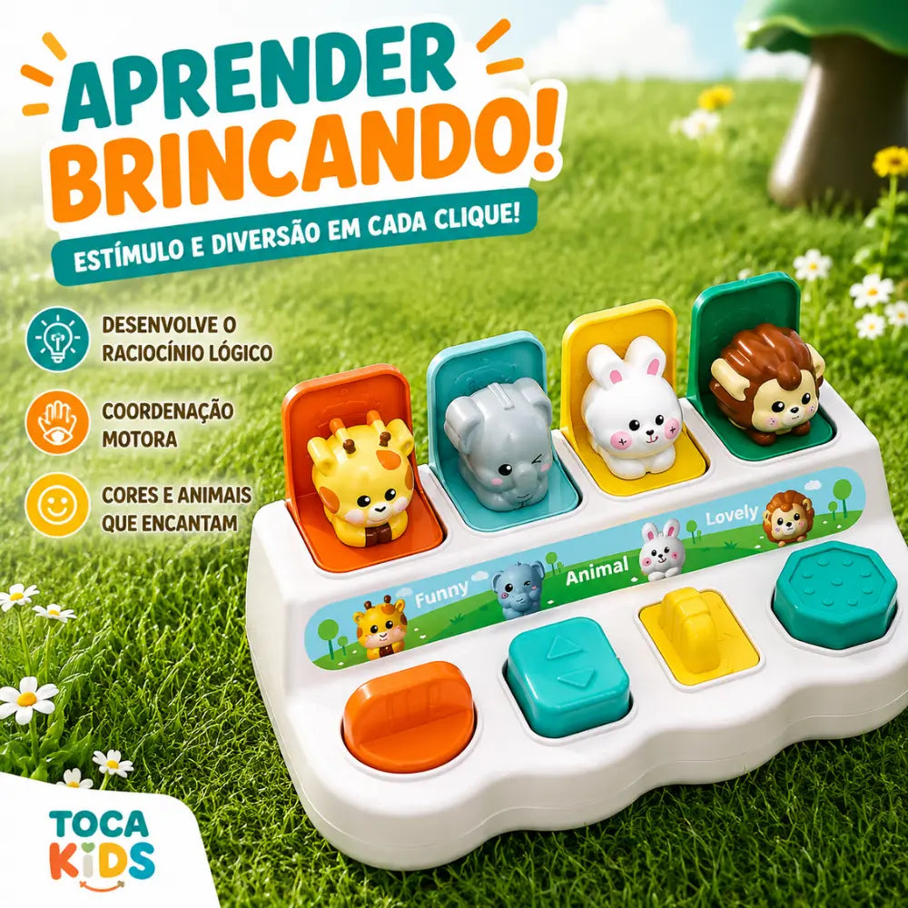 Brinquedo Pop-Up de animais para aprender brincando e estimular habilidades infantis