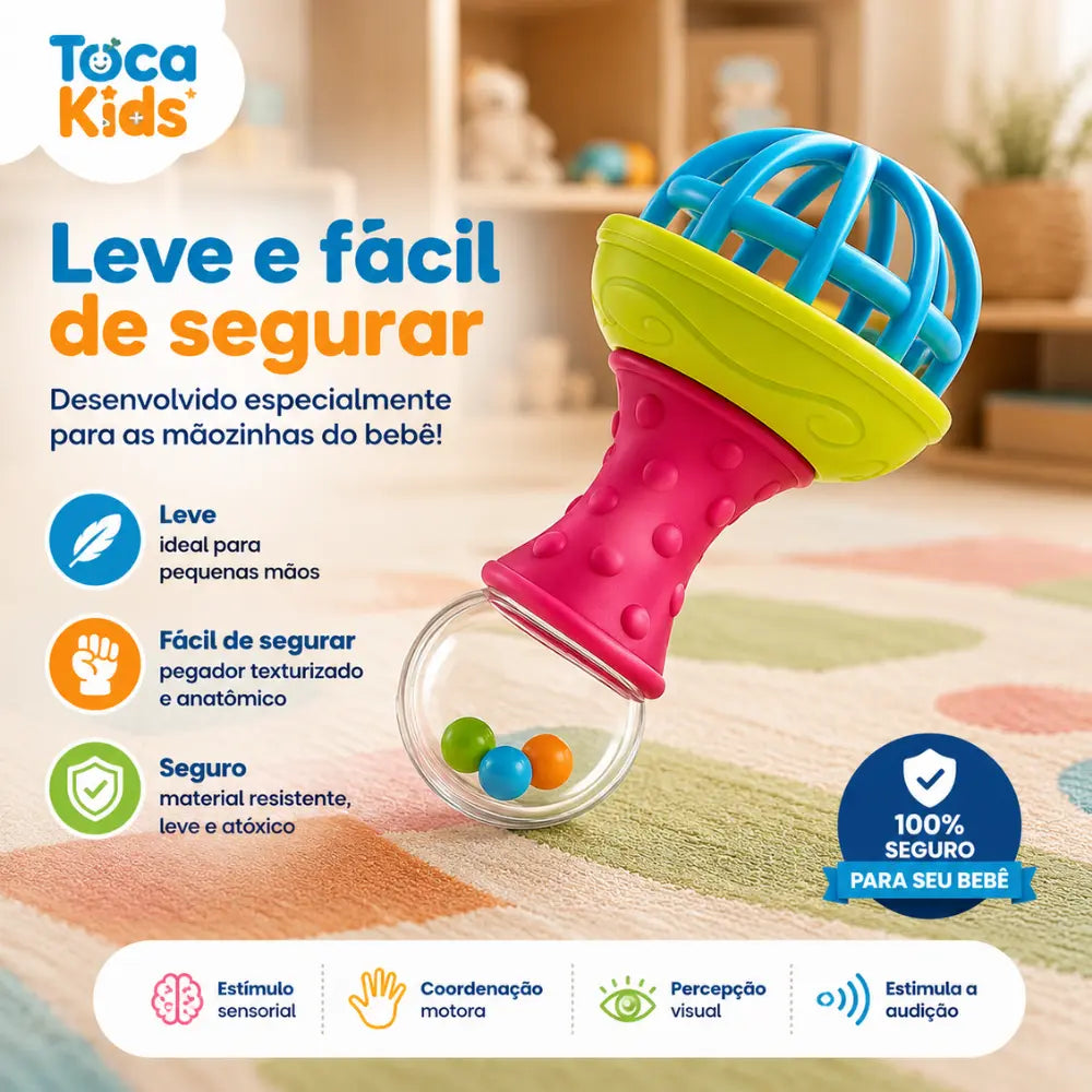 Chocalho sensorial colorido para bebê com pegador fácil de segurar