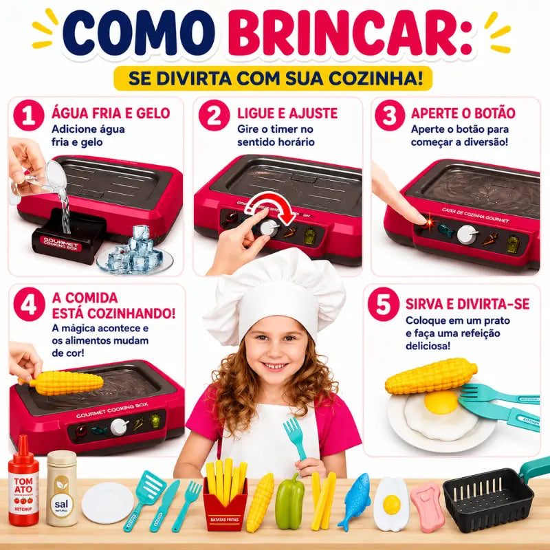 Como brincar com a Cozinha Magic Kids usando água fria, alimentos e acessórios infantis