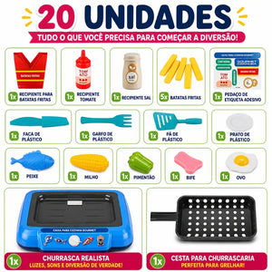 Conteúdo da Cozinha Magic Kids com 20 peças, alimentos e utensílios de cozinha infantil