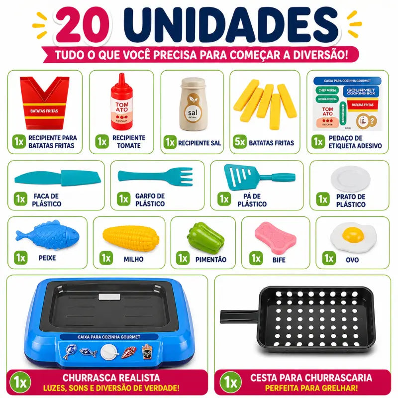 Conteúdo da Cozinha Magic Kids com 20 peças, alimentos e utensílios de cozinha infantil