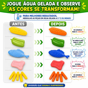 Alimentos da Cozinha Magic Kids mudando de cor com água gelada durante a brincadeira