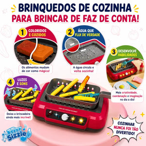 Funções da Cozinha Magic Kids com mudança de cor, água, luzes e sons para brincar de faz de conta