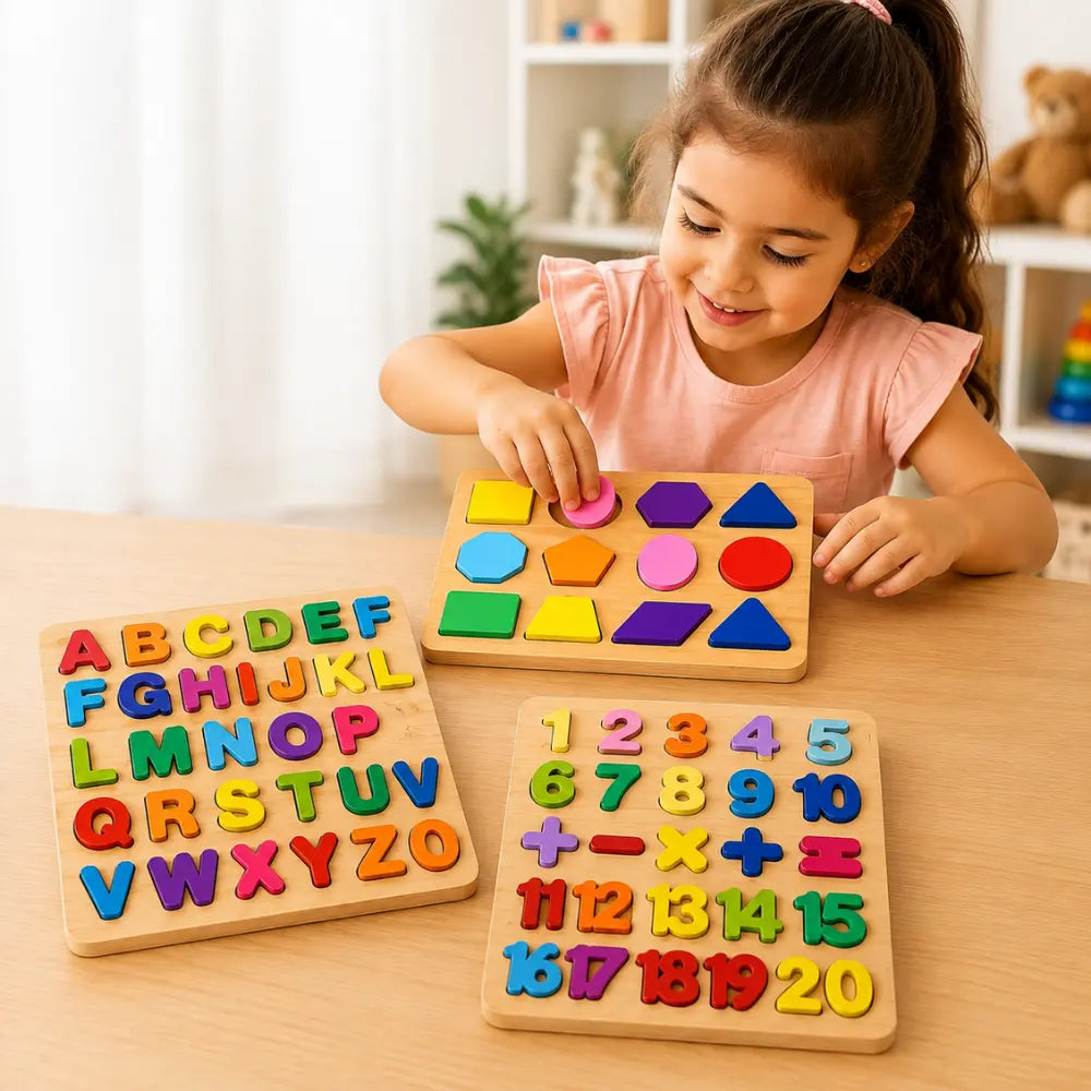 Criança brincando com kit de 3 tabuleiros educativos de letras, números e formas