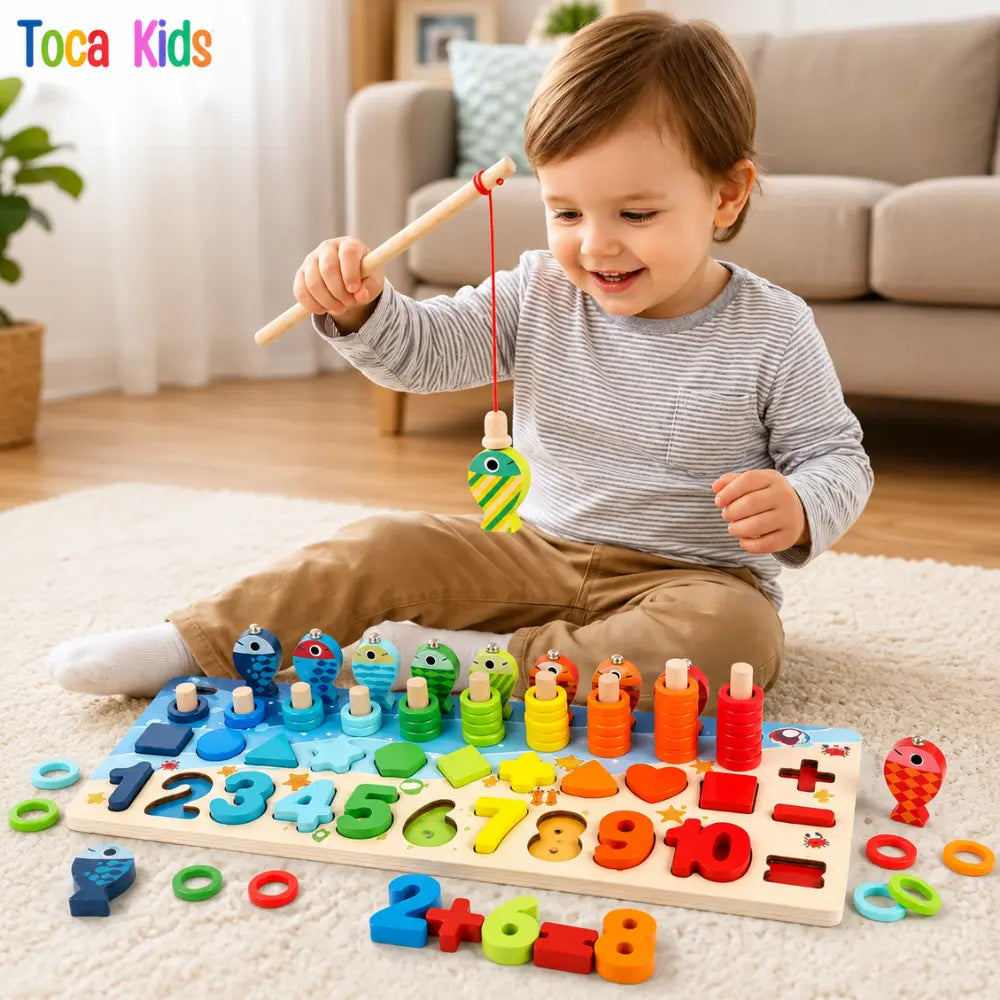 Criança brincando com pescaria magnética no Tabuleiro Montessori de madeira