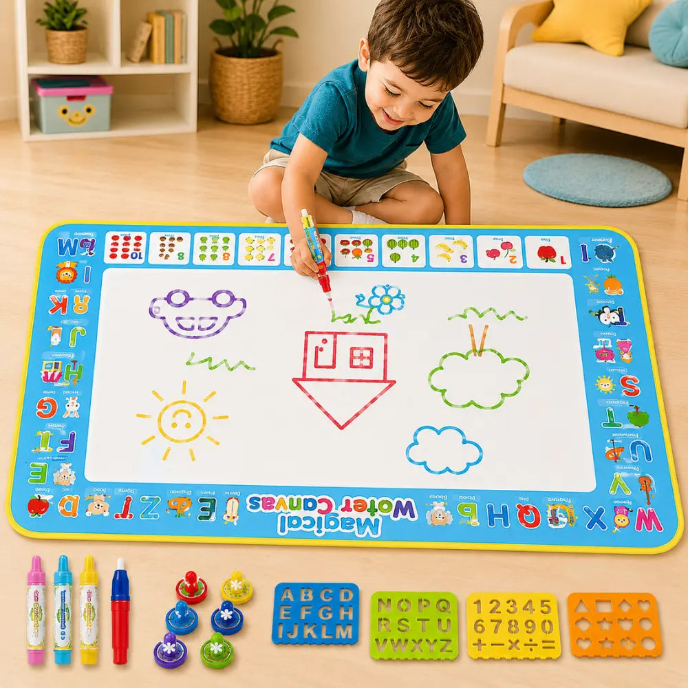 Criança brincando e desenhando com água no tapete AquaMagic Kids