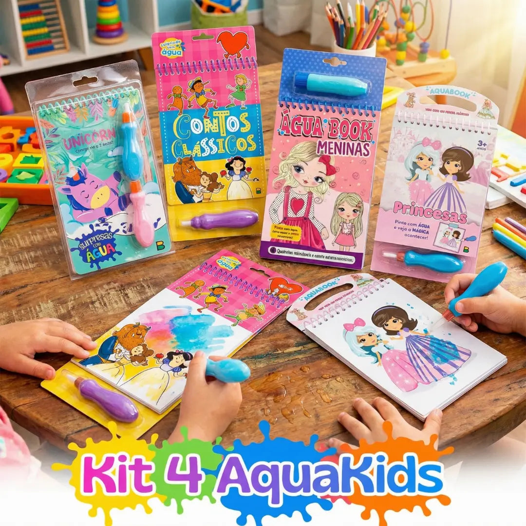 Duas crianças sentadas à mesa brincando e colorindo com os livros mágicos de água. Atividade lúdica infantil sem sujeira, mostrando o uso da caneta reveladora de cores.