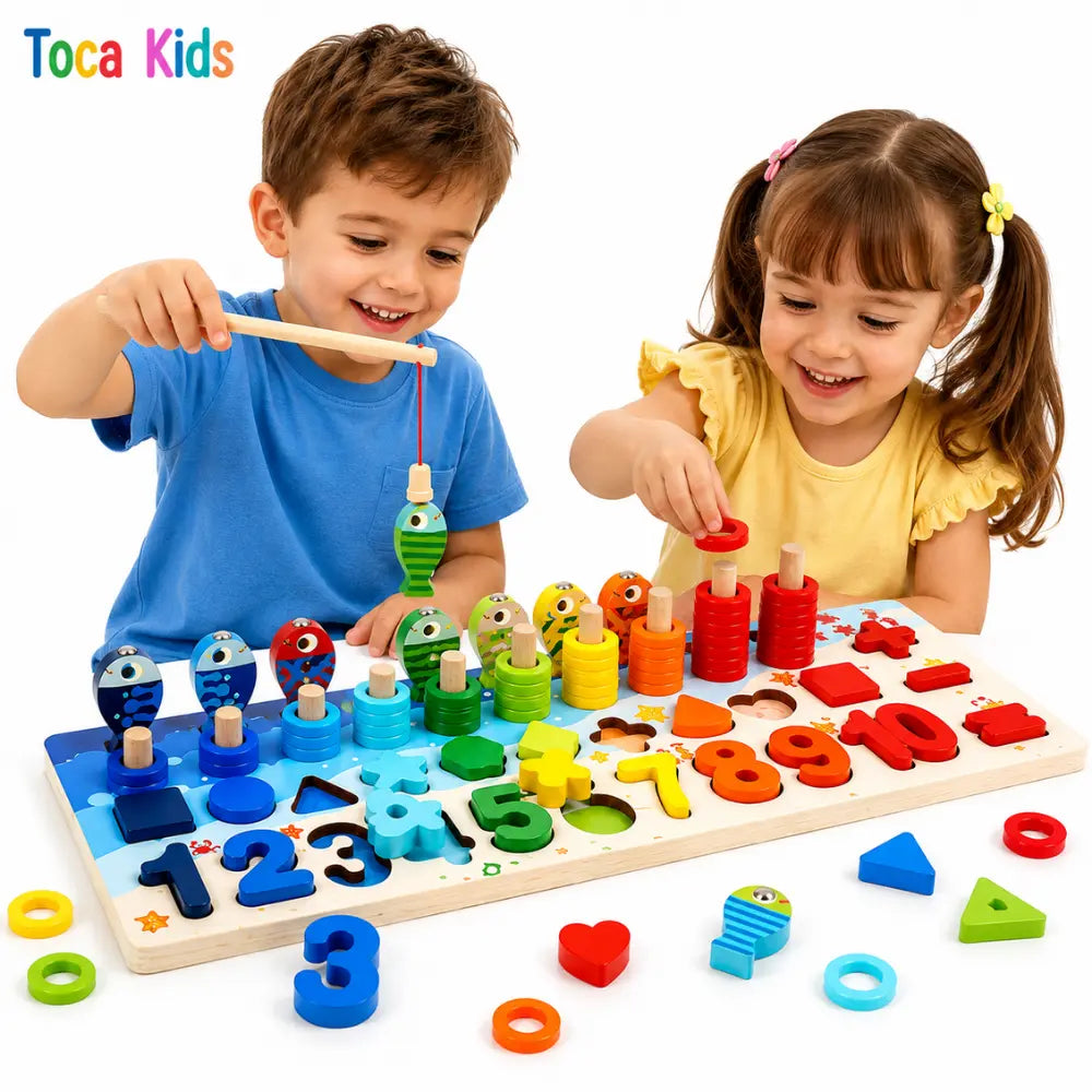 Crianças brincando com Tabuleiro Montessori educativo de pescaria, números e formas