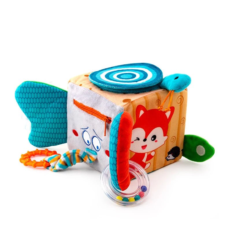 Cubo de Atividades de Pelúcia Sensorial com Chocalho e Mordedor para Bebê