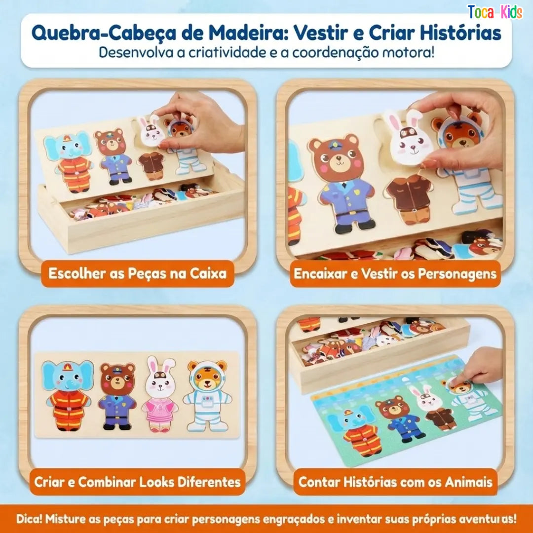 Quebra-Cabeça de Madeira Vestir Animais – Brinquedo Educativo | Toca Kids