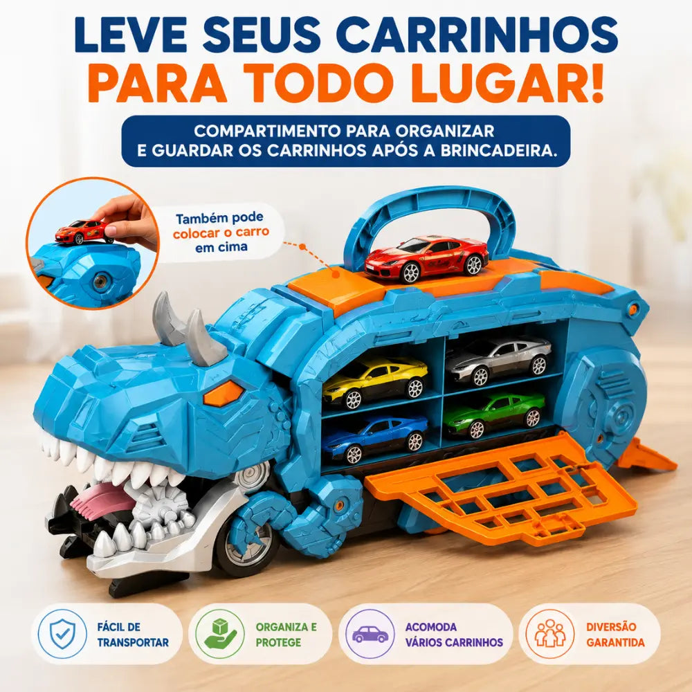 Dino Truck com compartimento para organizar e guardar carrinhos