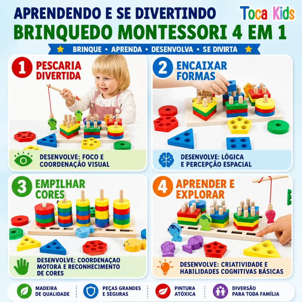 EncaixaKids 4 em 1 com pesca, encaixe, empilhamento e reconhecimento de cores
