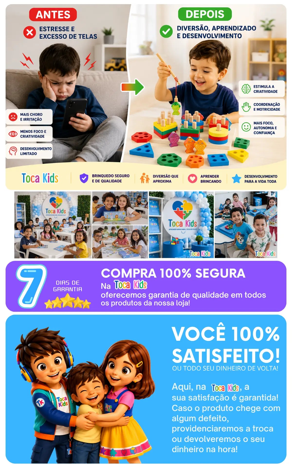 Antes e depois criança trocando o celular por brincadeira com o conjunto educativo EncaixaKids