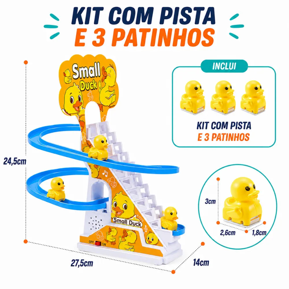 Escorregador de patinhos kit com pista e 3 patinhos com medidas do brinquedo