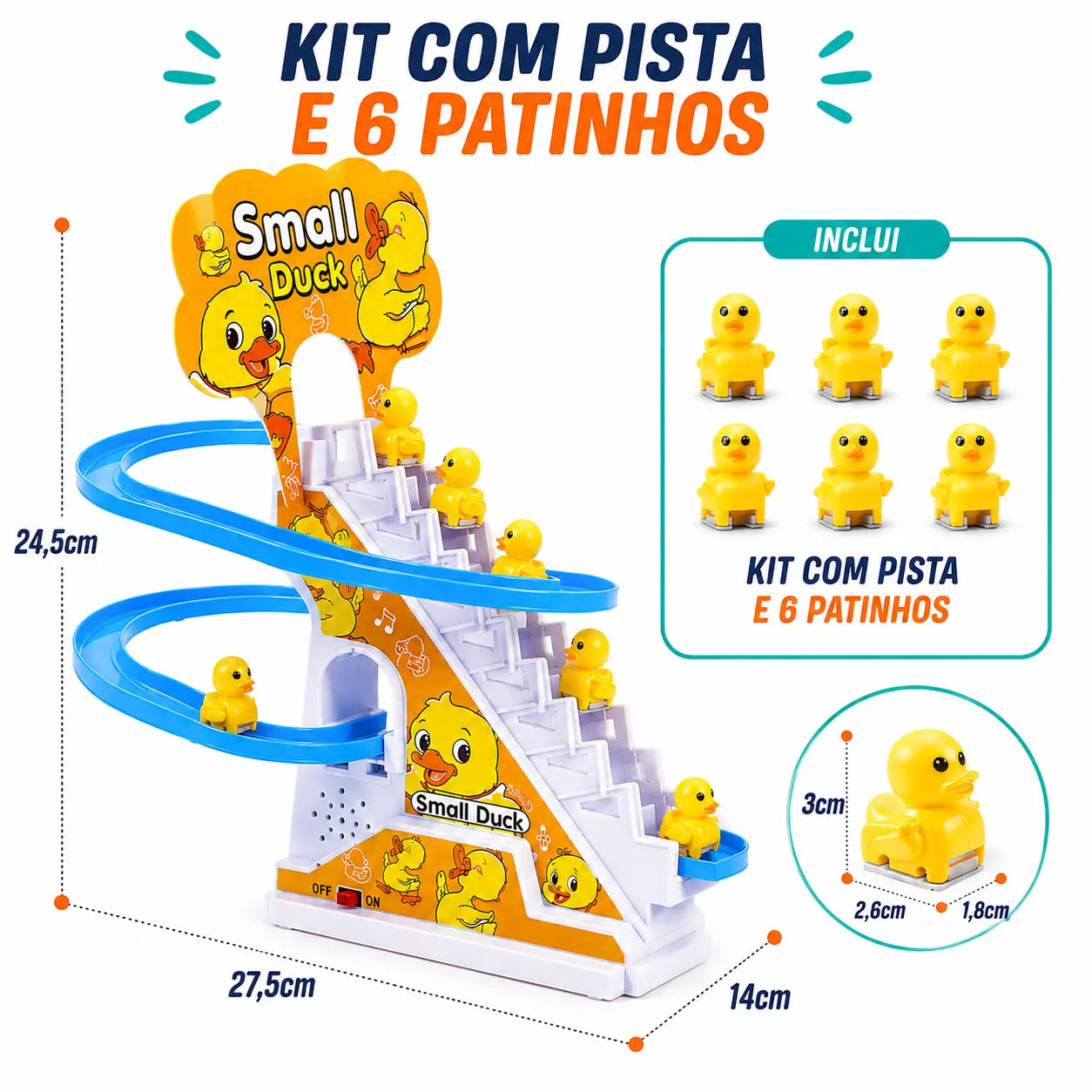 Escorregador de patinhos infantil com pista, 6 patinhos e medidas do brinquedo