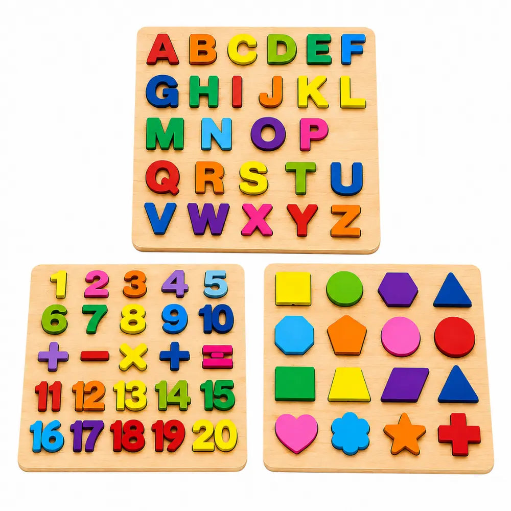 Kit com 3 tabuleiros educativos de madeira com alfabeto, números e formas