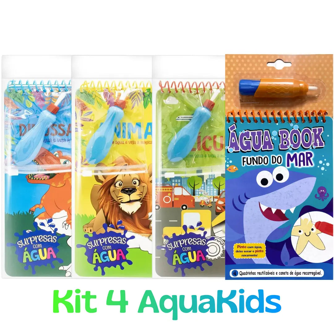 Kit com 4 livros mágicos de colorir com água para meninos. Capas com temas de Dinossauros, Animais Selvagens, Veículos e Fundo do Mar. Brinquedo educativo Aquabook que não faz sujeira.