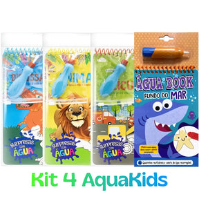 Kit com 4 livros mágicos de colorir com água para meninos. Capas com temas de Dinossauros, Animais Selvagens, Veículos e Fundo do Mar. Brinquedo educativo Aquabook que não faz sujeira.