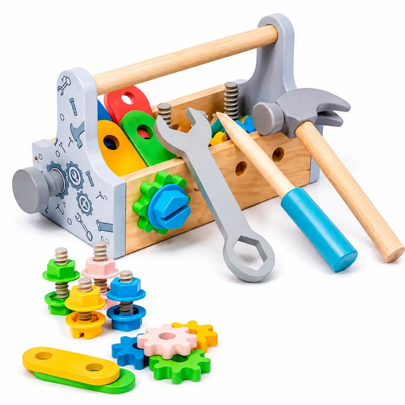 Kit de ferramentas Montessori infantil de madeira com maleta e acessórios