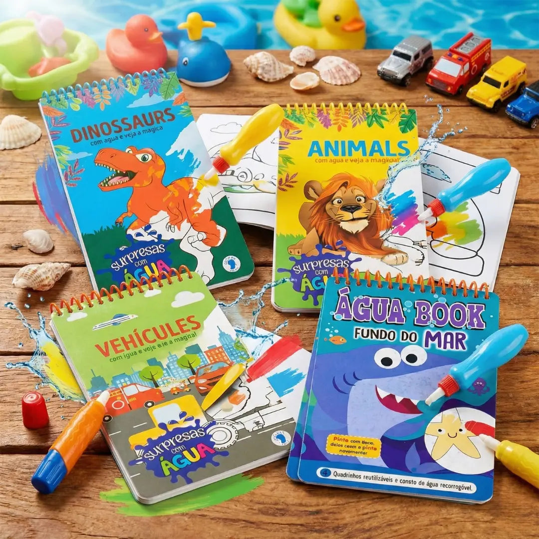 Livros de colorir com água Aquabook dispostos em cenário de verão com conchas e brinquedos de praia. Opção ideal de brinquedo para levar em viagens e férias.