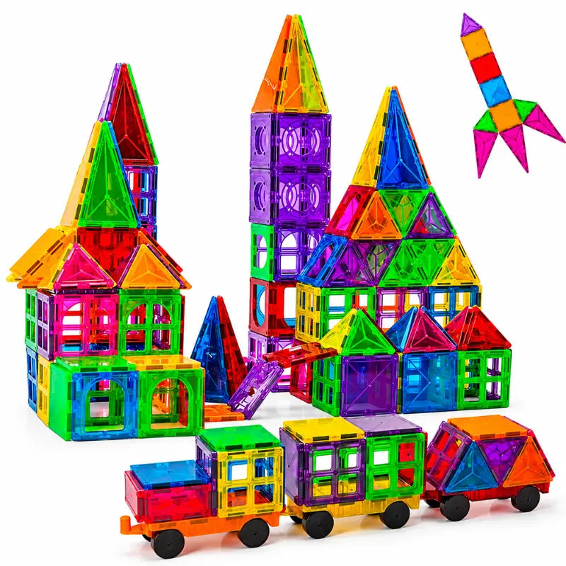 Kit Magnetix Kids com blocos magnéticos educativos para construir casas, castelos e veículos.