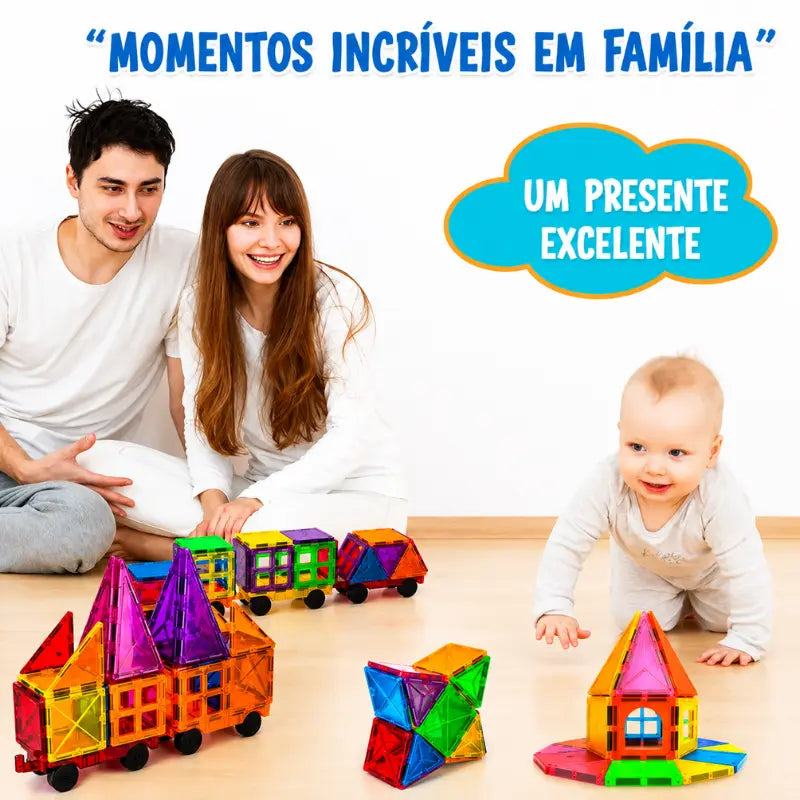 Família brincando junto com o brinquedo educativo Magnetix Kids.