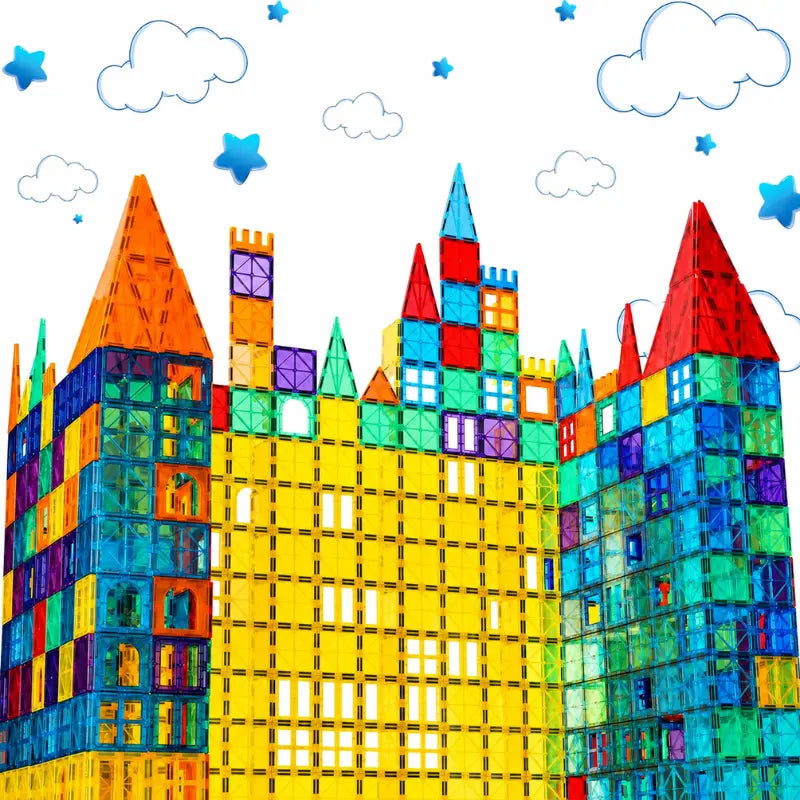 Castelo construído com peças magnéticas Magnetix Kids estimulando criatividade infantil.