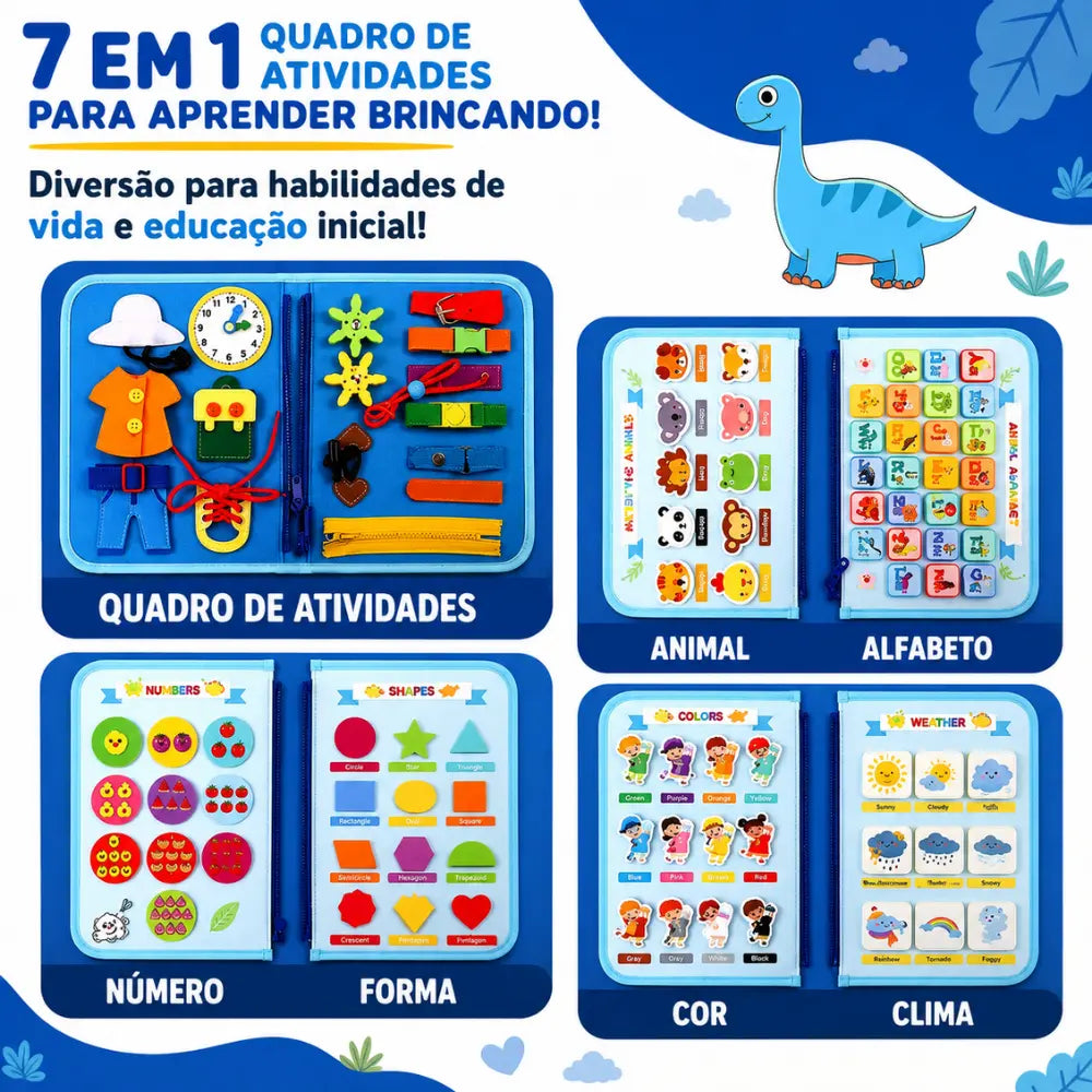 Maleta Montessori 7 em 1 com atividades de alfabeto, números, formas, cores, animais e clima