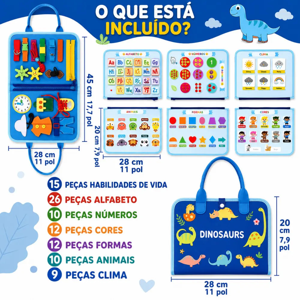 Conteúdo e medidas da Maleta Montessori com peças educativas, números, formas, cores e animais