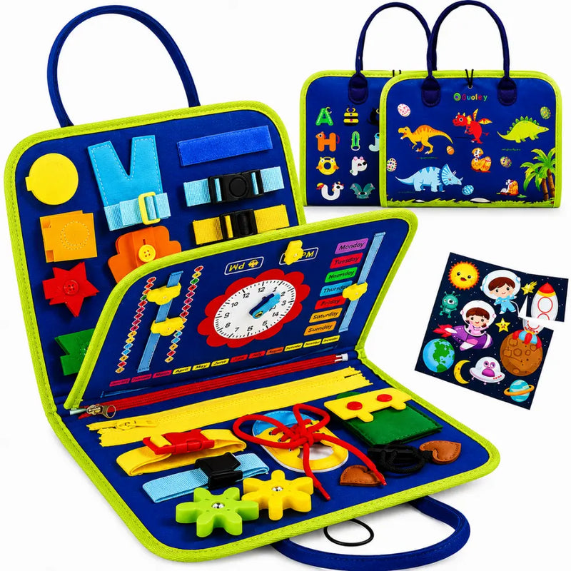Maleta Montessori sensorial azul com atividades educativas, alfabeto, números, formas e coordenação motora