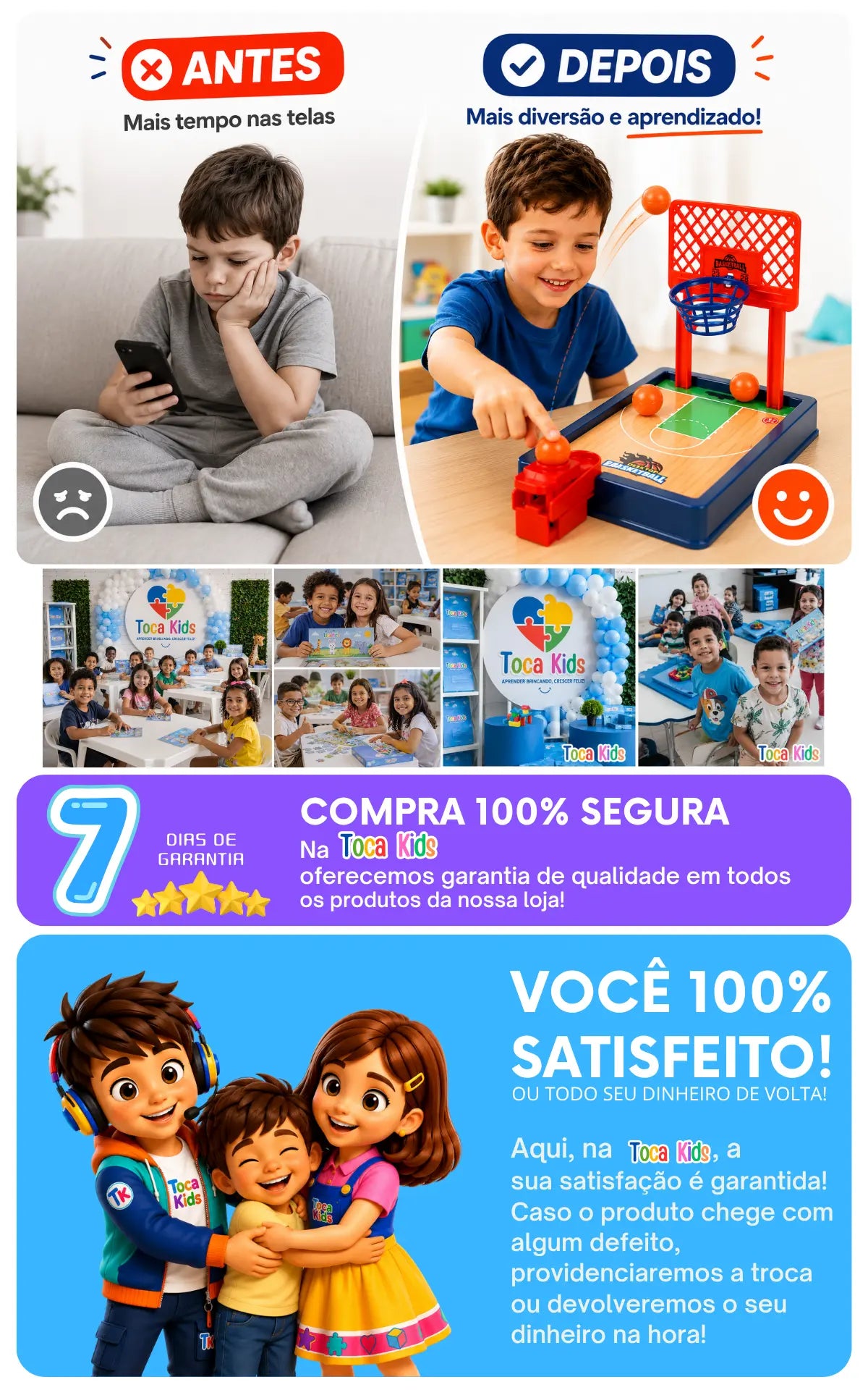 Antes e depois criança deixando as telas para brincar com basquete de mesa