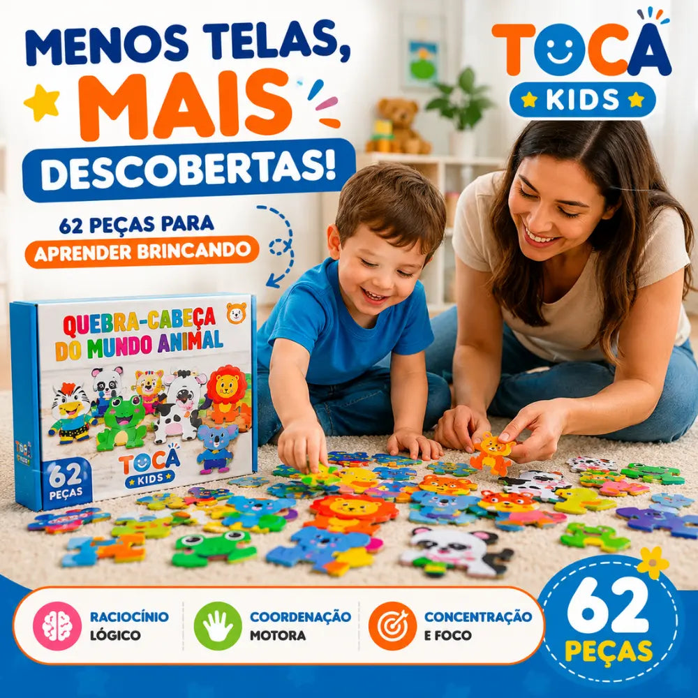 Mãe e filho brincando com quebra-cabeça educativo como alternativa às telas