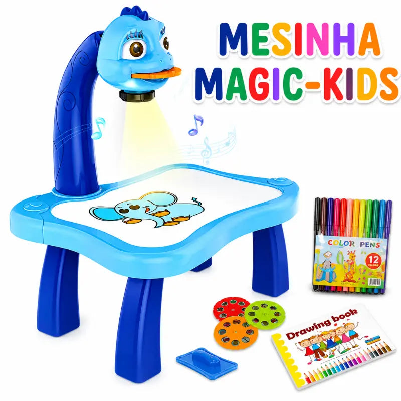 Mesinha Magic Kids mesa projetora infantil azul com discos de projeção, canetinhas e livro de desenho