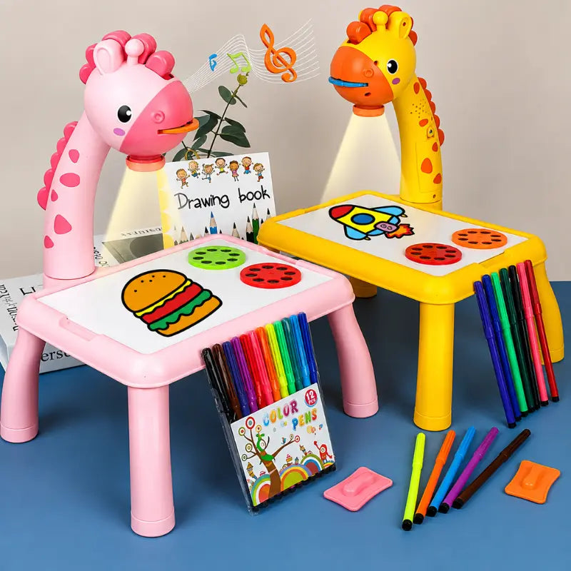 Mesinha Magic Kids em modelos rosa e amarelo com projetor, canetinhas e acessórios para desenhar