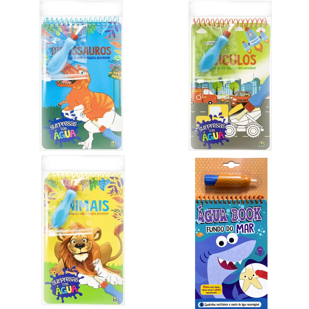 Detalhe das capas dos livros Aquabook para meninos. Modelos ilustrados de Dinossauros, Leão, Carros e Tubarão prontos para colorir com caneta de água.