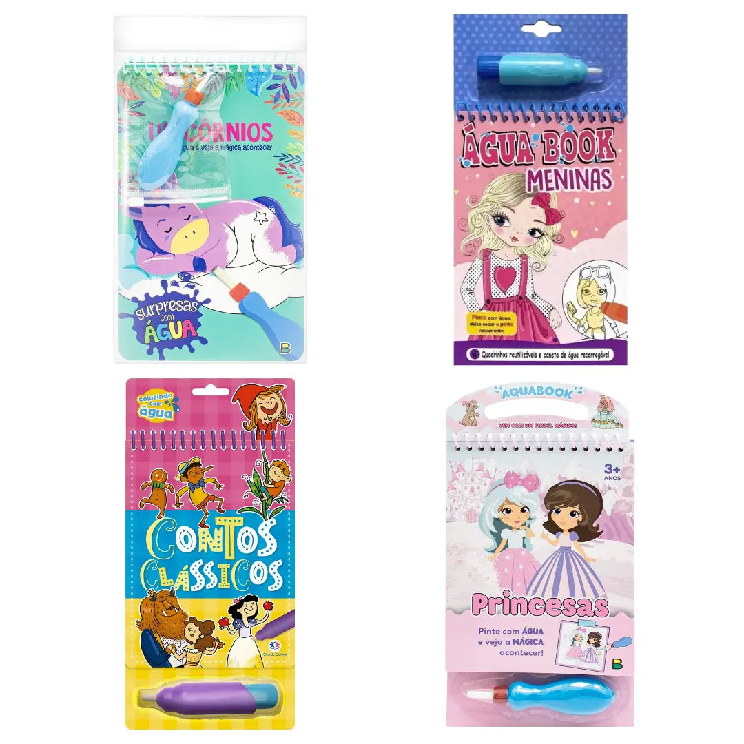 Detalhe das capas dos livros Aquabook para meninas. Modelos ilustrados de Unicórnio, Contos de Fadas, Bonecas e Princesas prontos para colorir com caneta de água.