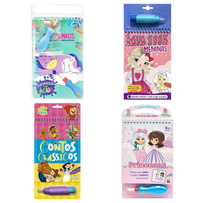 Detalhe das capas dos livros Aquabook para meninas. Modelos ilustrados de Unicórnio, Contos de Fadas, Bonecas e Princesas prontos para colorir com caneta de água.