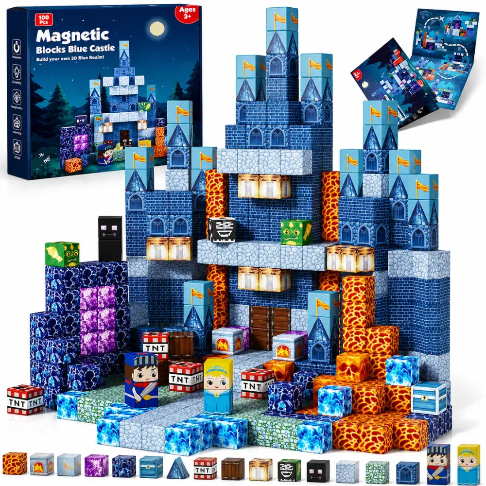 Castelo azul construído com blocos magnéticos 3D MundoCraft Kids