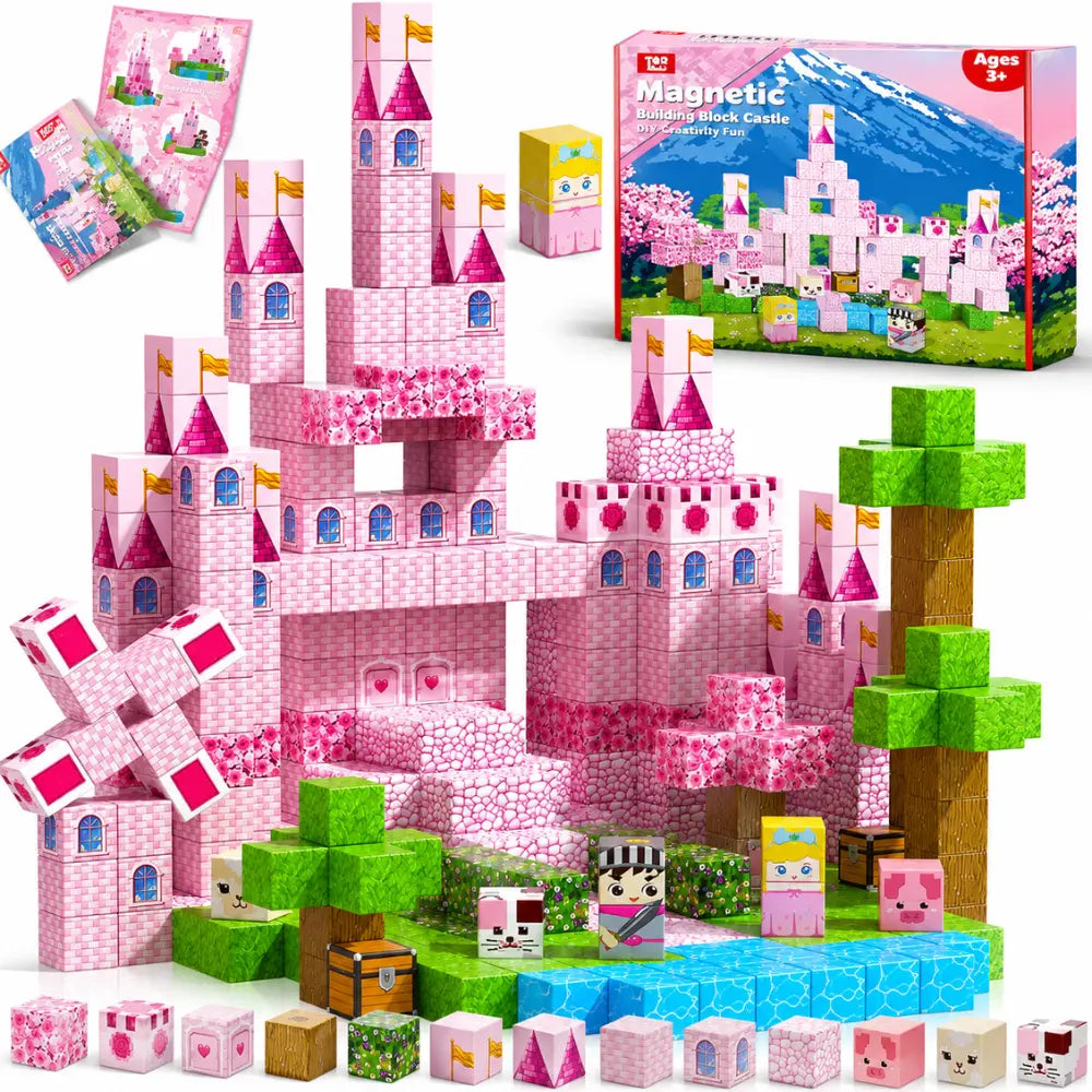 Castelo rosa construído com blocos magnéticos MundoCraft Kids