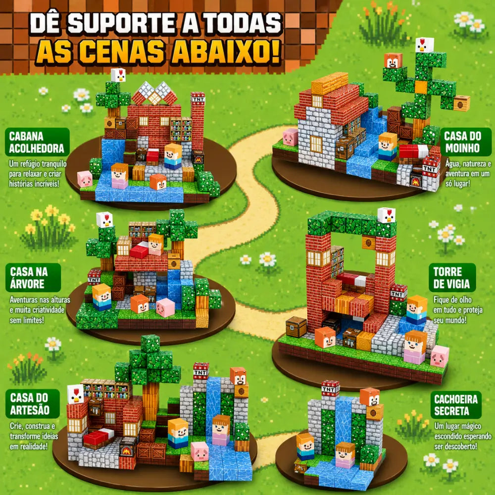 Ideias de casas e cenários para construir com blocos magnéticos MundoCraft Kids