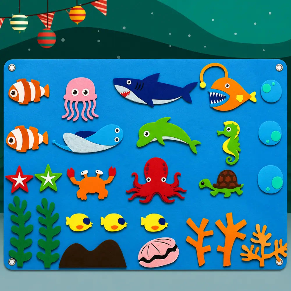 Mural Aprender tema oceano com peixes, tubarão, polvo e animais marinhos de feltro