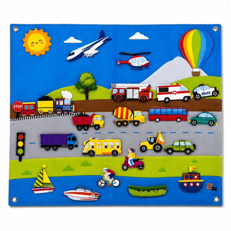 Mural Aprender de feltro interativo com veículos e meios de transporte coloridos
