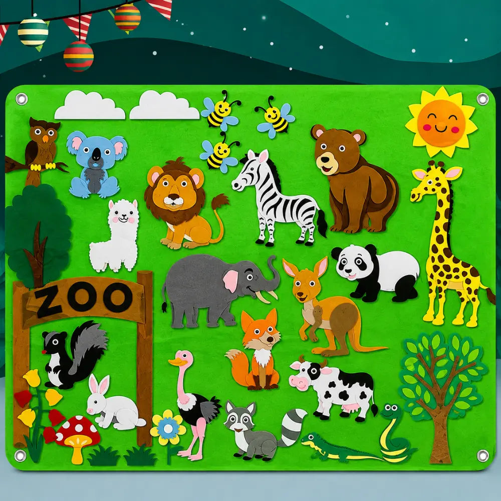 Mural Aprender tema zoológico com animais coloridos e peças interativas de feltro