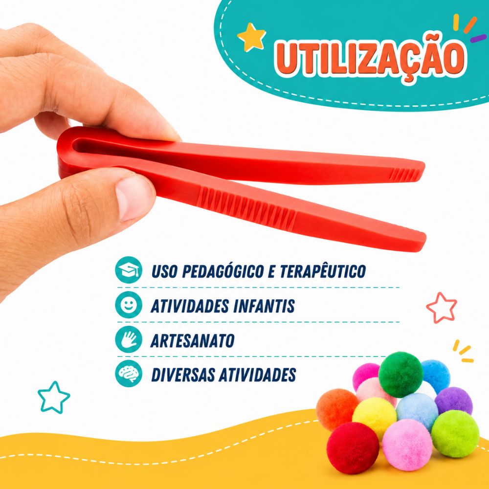 Atividade infantil com pinça e pompons coloridos do kit PegaCores