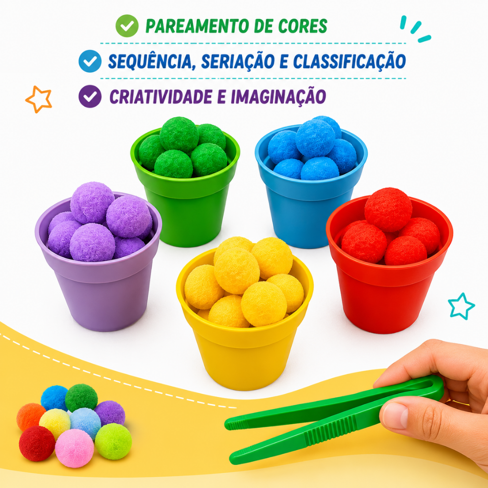 Brincadeira de pareamento e classificação de cores com potes e pompons PegaCores