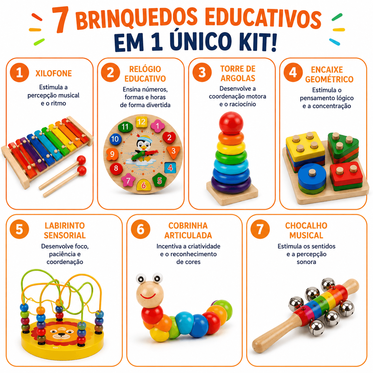 Pequenos Gênios 7 em 1 com xilofone, relógio educativo, torre de argolas, encaixe geométrico, labirinto sensorial, cobrinha articulada e chocalho musical para o desenvolvimento infantil.